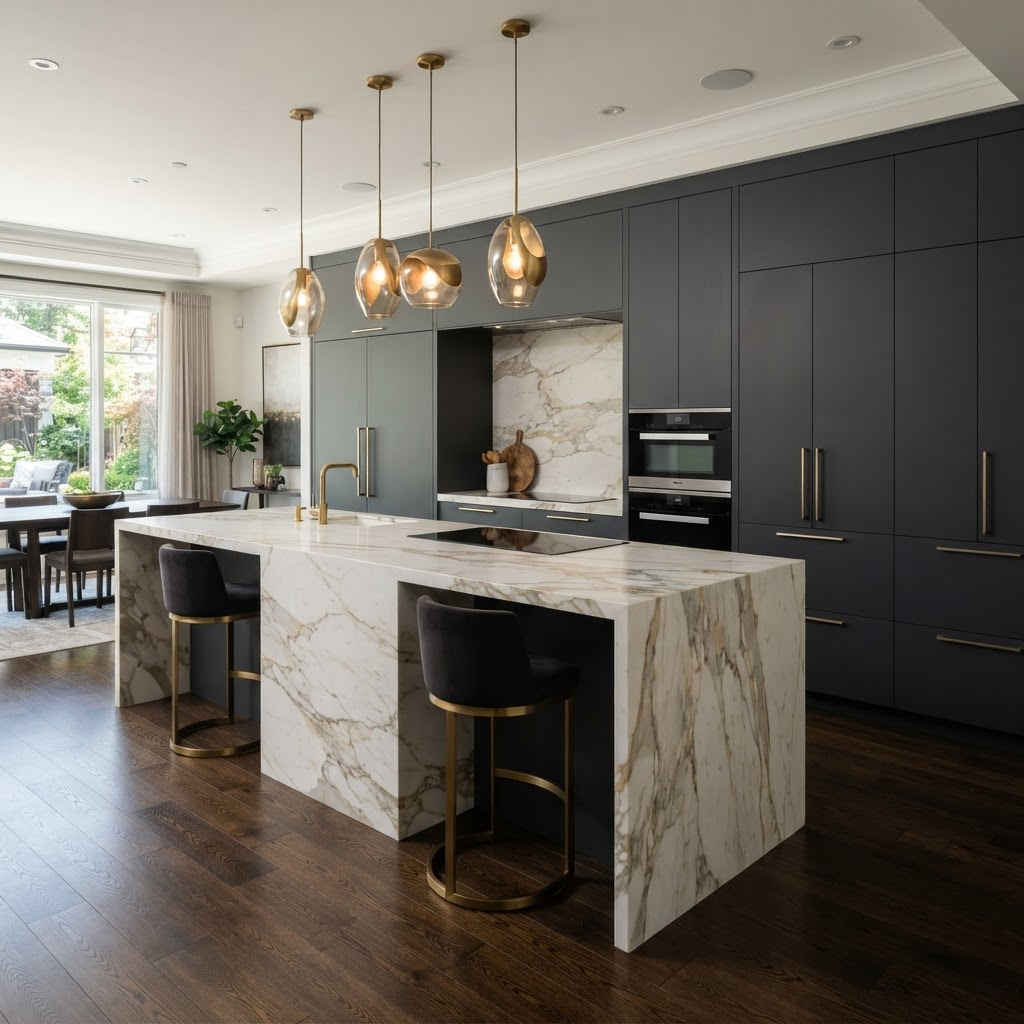 Modern marble kitchen with charcoal cabinetry